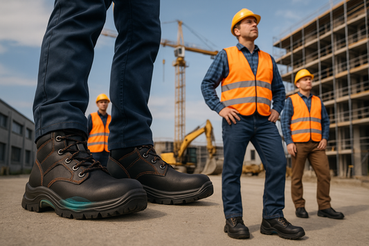 European construction workers wearing orthopedic safety shoes on construction site