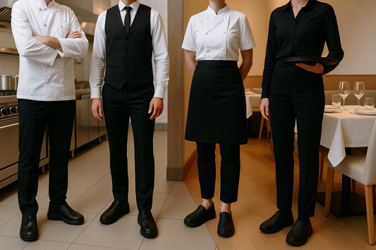 European food service workers wearing orthopedic shoes in professional kitchen and restaurant setting