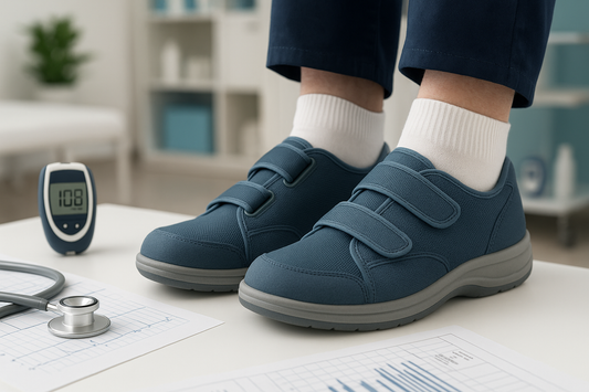 European diabetic patient wearing therapeutic orthopedic shoes in medical healthcare setting