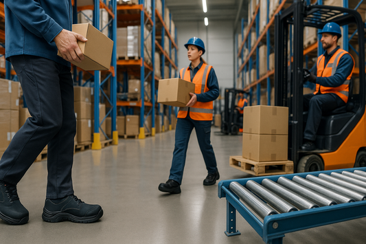 European warehouse workers wearing orthopedic shoes in modern logistics distribution center