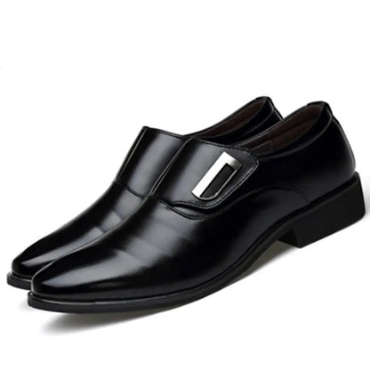 Black dress shoes with a shiny finish on a white background