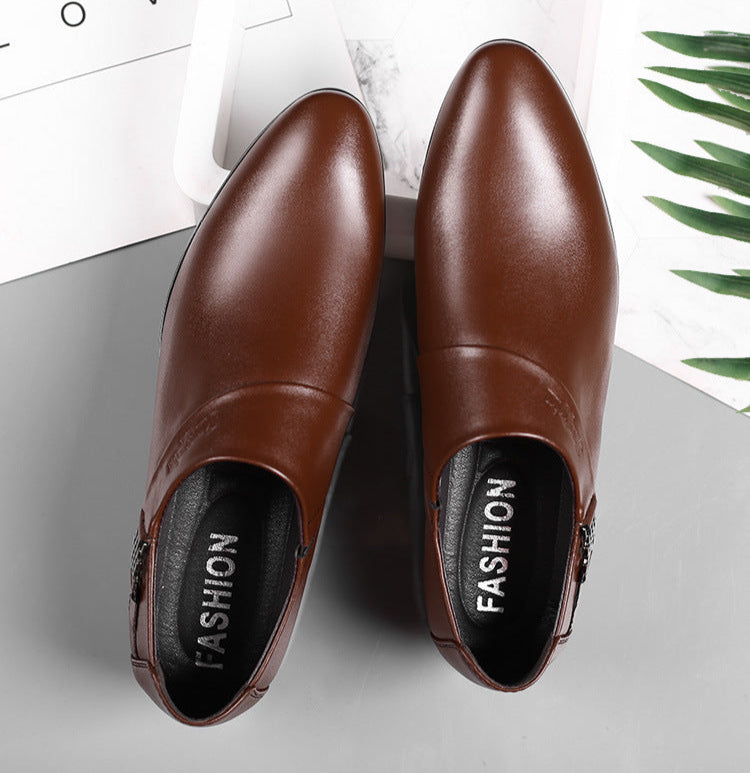 Brown leather shoes with 'FASHION' label on a light gray background