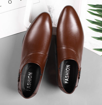 Brown leather shoes with 'FASHION' label on a light gray background