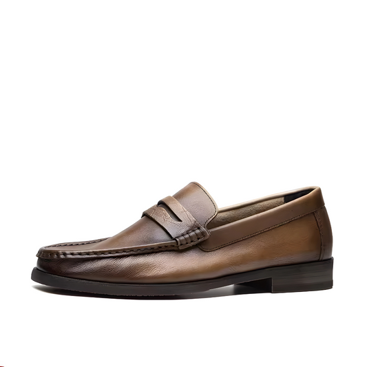 Brown leather loafer shoe on a white background 