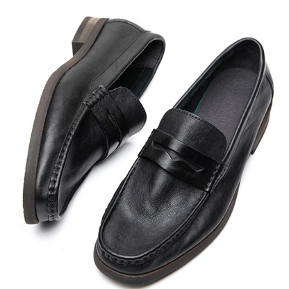 Pair of black leather loafers on a white background